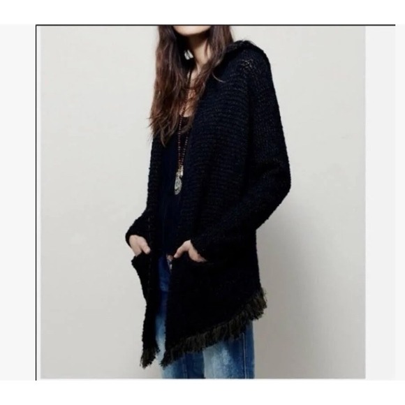Free People Love Me Tender Knitted Cardigan Fringe Hooded Open Front Black Small - Picture 1 of 9